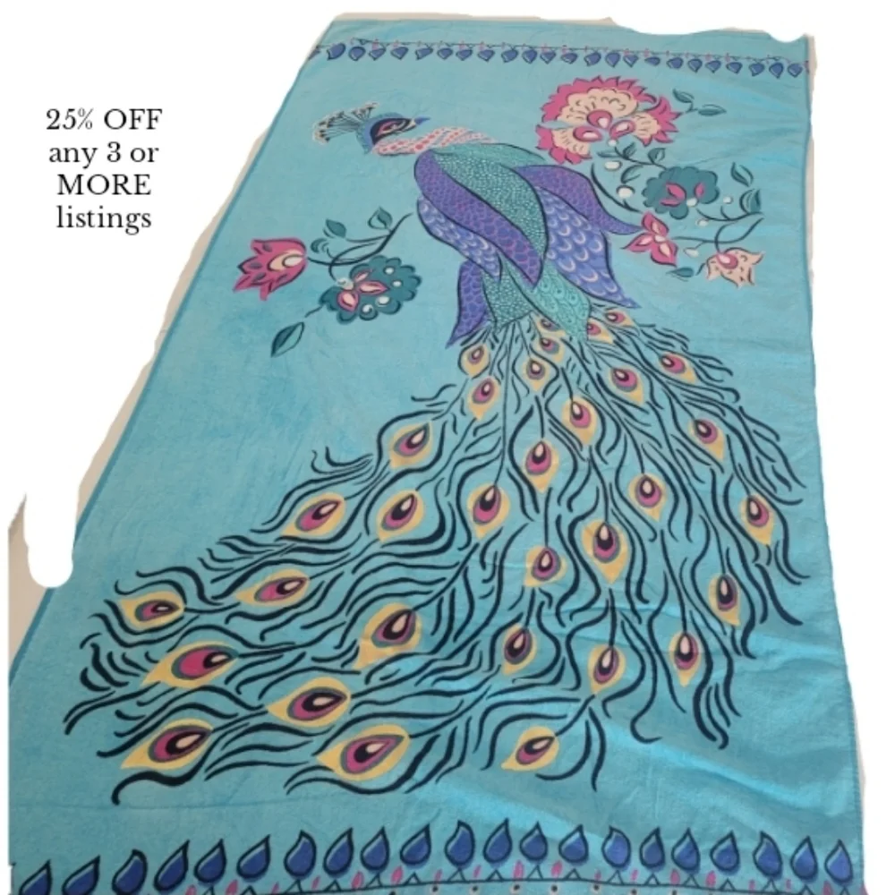 Colorful Peacock Giant Beach Towel Aqua Feathers Oversized Blue Graphic Print